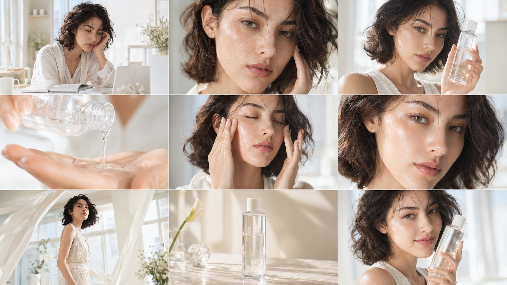 Skincare campaign storyboard output showing multiple premium product ad frames from OneAgent Image Studio